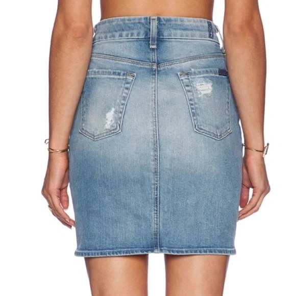 7 For All Mankind Light Blue Distressed Denim Pencil Skirt - Picture 3 of 9